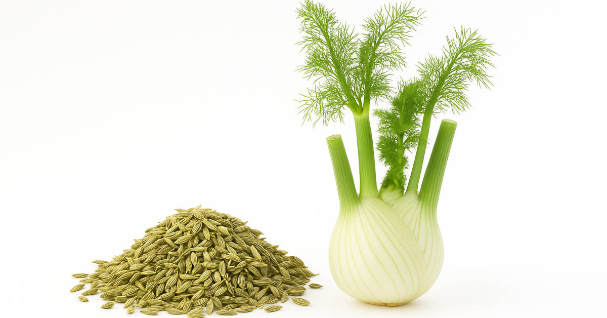 Benefits of Fennel: Fresh fennel plant with leaves and seeds on a white background – natural properties and uses for health and cooking