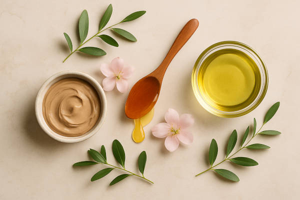 Μυστικά ομορφιάς της Κλεοπάτρας. μέλι, φυτικό λάδι, άργιλος και βότανα σε φυσικό σκηνικό