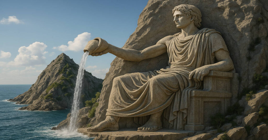 Ο βασιλιάς καθισμένος σε θρόνο, κρατώντας μια γυρτή φιάλη, από την οποία θα έτρεχε νερό προς το Αιγαίο
