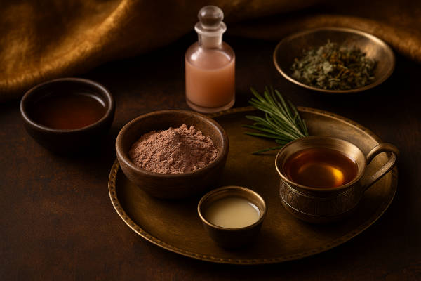 Φυσικά υλικά για τα μυστικά ομορφιάς όπως άργιλος, μέλι, αιθέρια έλαια και βότανα σε αιγυπτιακό στιλ, επάνω σε χάλκινο δίσκο