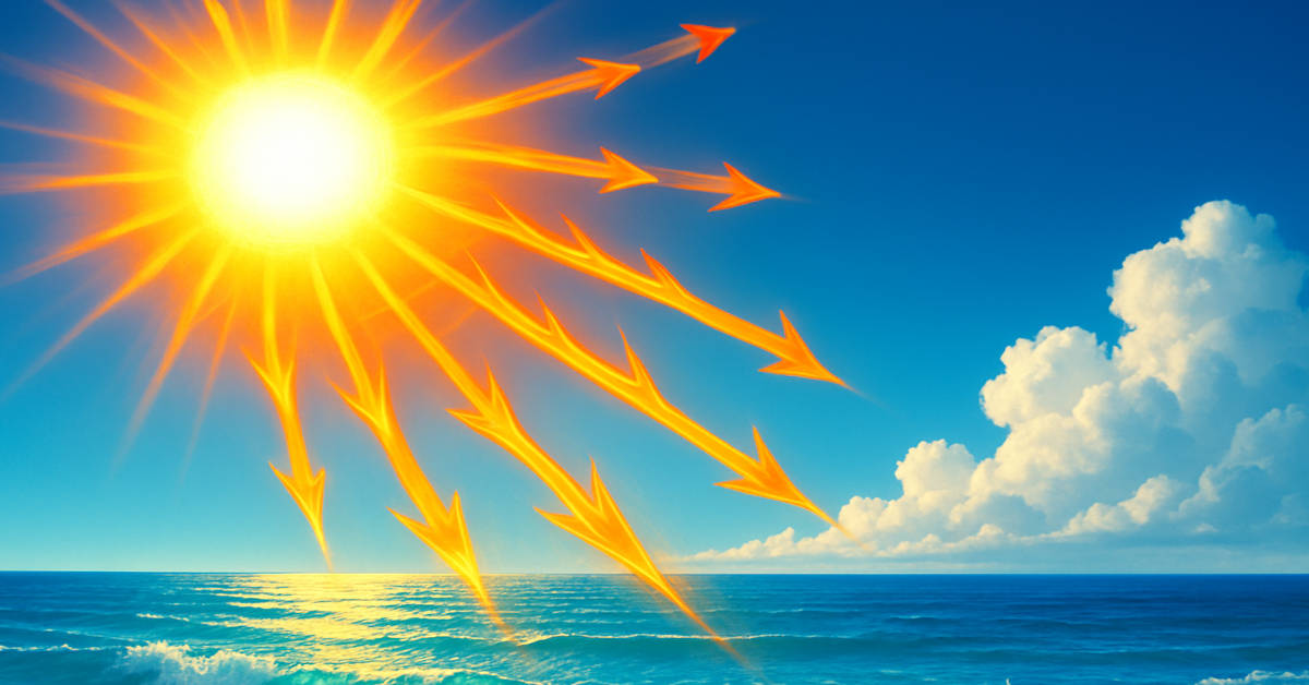 Ηλιακή ακτινοβολία. UV ακτίνες που κατευθύνονται προς τη θάλασσα σε καλοκαιρινό ουρανό χωρίς σύννεφα