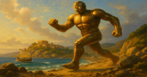 Τάλως, το αρχαίο ρομπότ της ελληνικής μυθολογίας, περιπολεί φωτεινός τις ακτές της Κρήτης μπροστά από αρχαίο οικισμό, καθώς πλησιάζει ένα πλοίο από το πέλαγος.