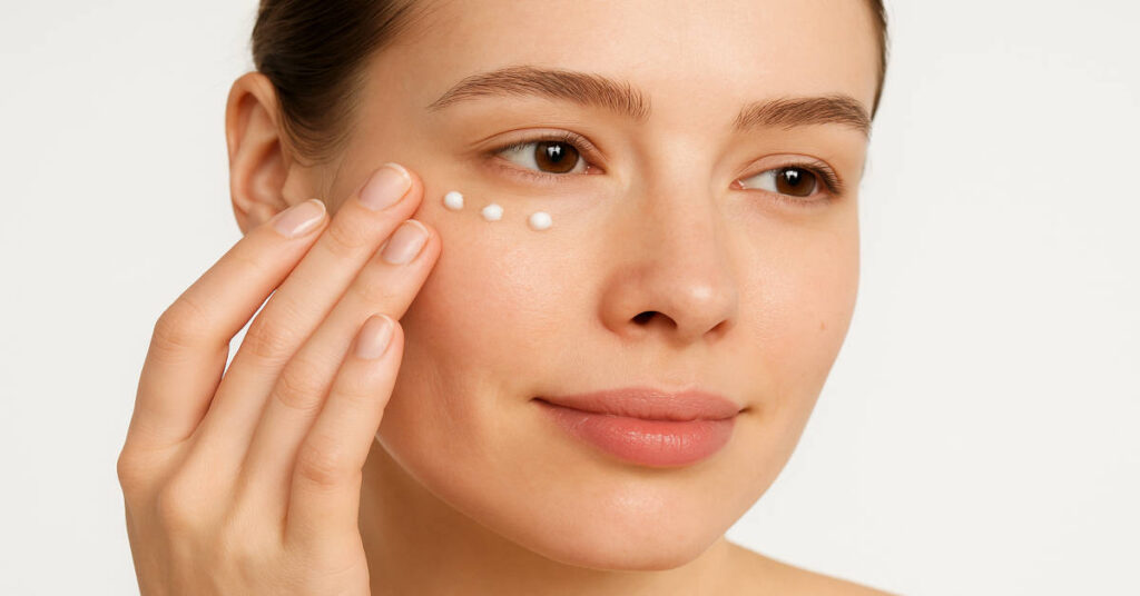 Γυναίκα εφαρμόζει κρέμα στην περιοχή γύρω από τα μάτια – φροντίδα και ενυδάτωση δέρματος